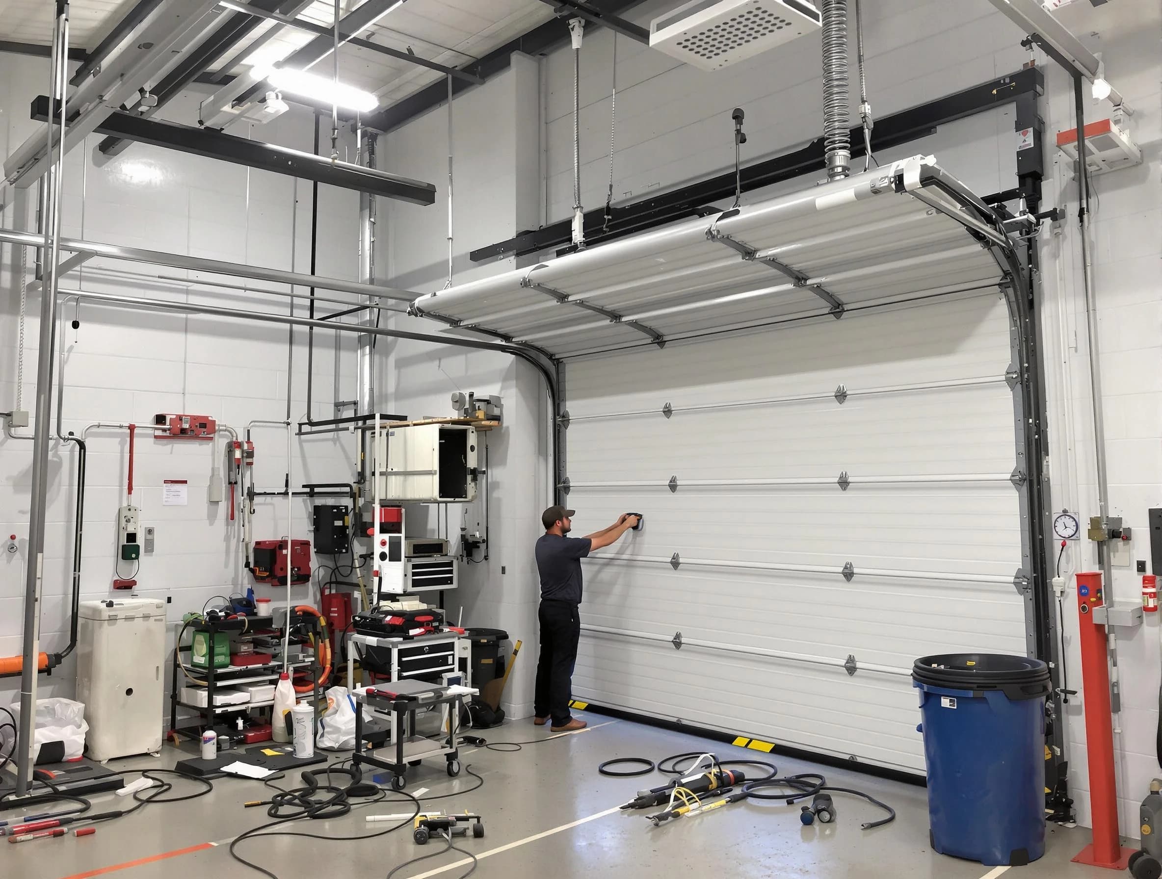 Sugar Hill Garage Door Repair certified technician performing commercial door repair at a Sugar Hill business facility