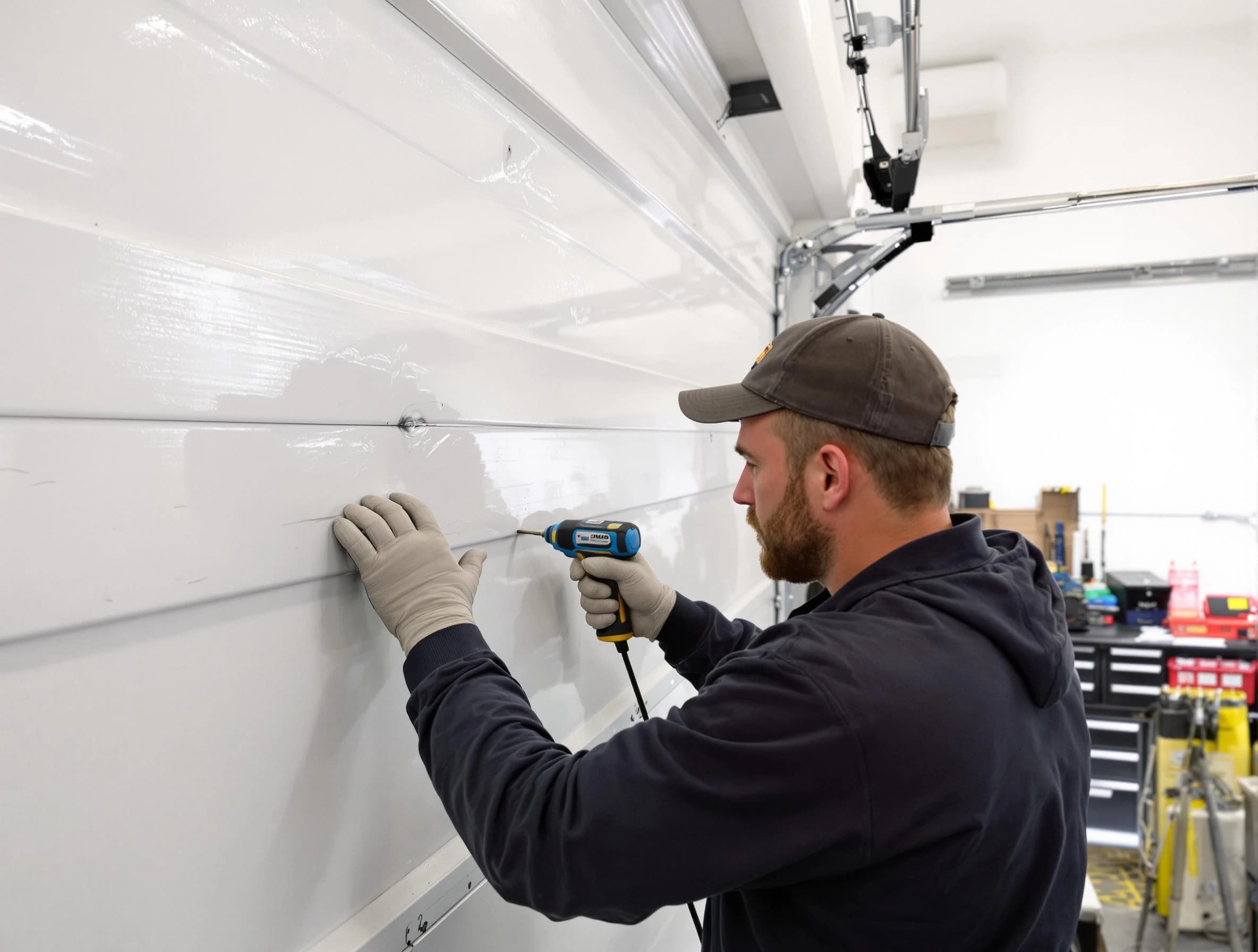 Sugar Hill Garage Door Repair technician demonstrating precision dent removal techniques on a Sugar Hill garage door
