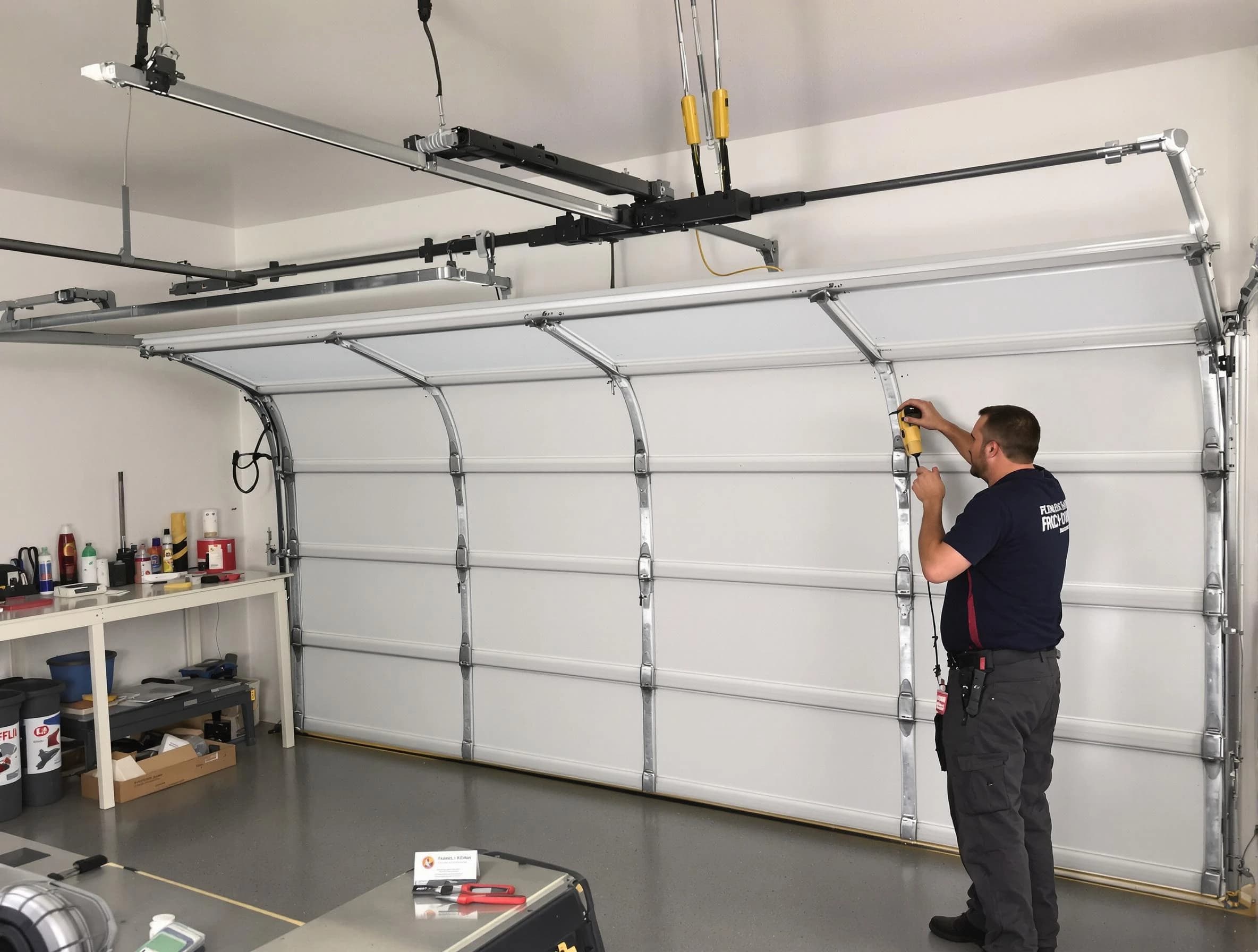 Sugar Hill Garage Door Repair certified technician performing overhead door system repair in Sugar Hill